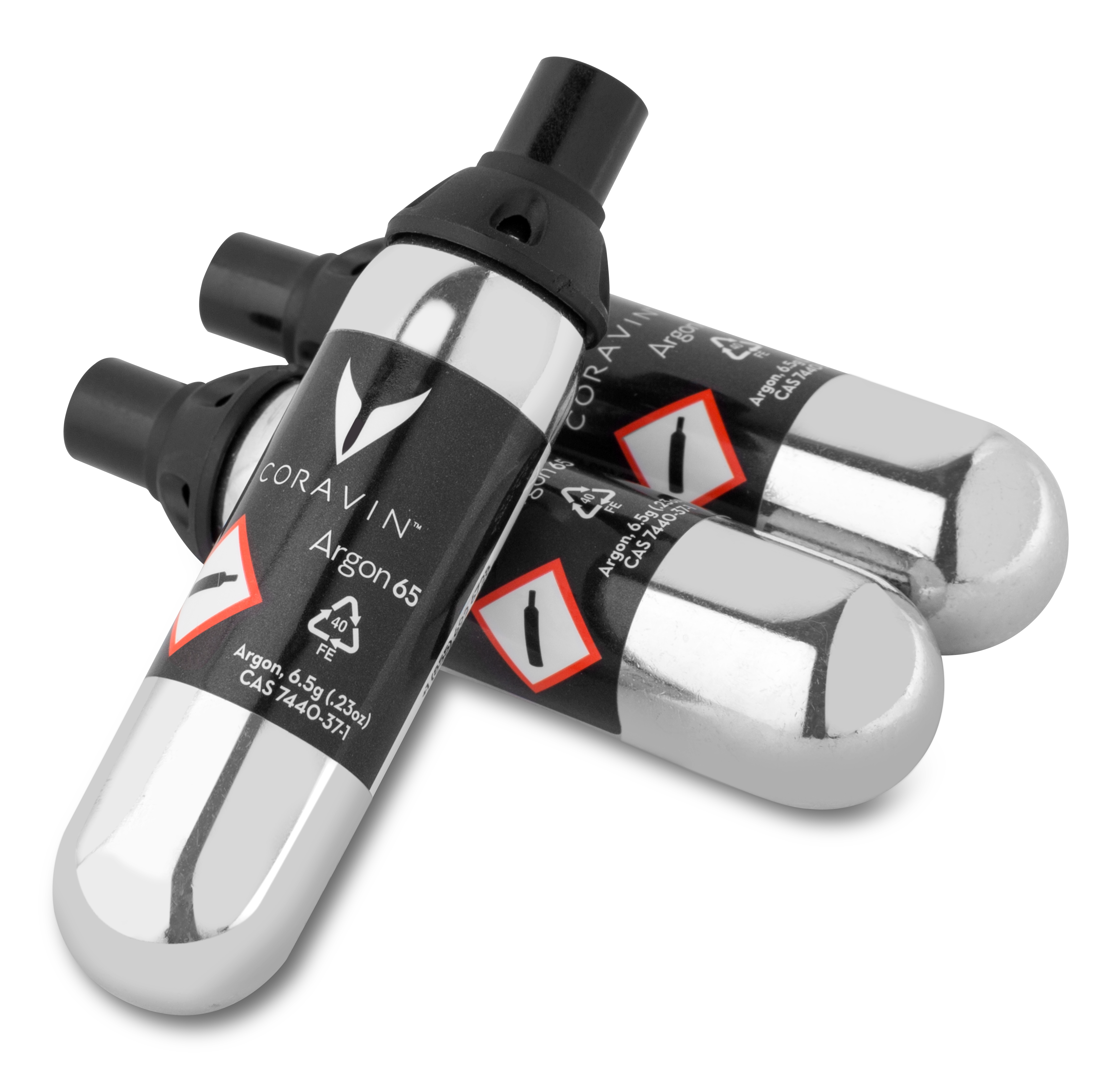 Three Coravin Argon 65 capsules, featuring safety labels and text indicating gas composition and CAS number.