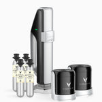 Coravin wine preservation system featuring a silver device and two black capsules, with three small gas canisters.