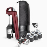 Coravin wine preservation system with a red extractor, storage case, and multiple gas canisters for wine serving.