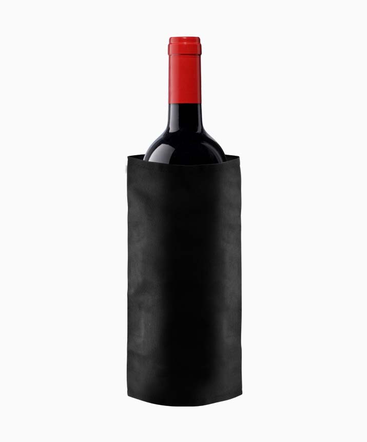 Red wine bottle partially covered by a black neoprene wine cooler, keeping it chilled and stylish.