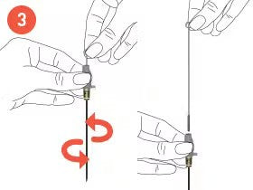 Steps for inserting a needle, showing hand positioning and twisting motion for proper placement.