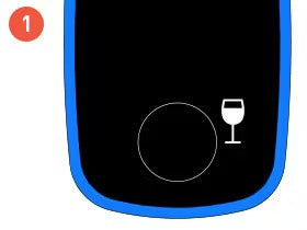 User interface display featuring a glass icon and a circular button, marked with the number '1' at the top left.