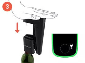 Step 3 shows a hand pressing down on a wine opener attached to a bottle, with a display showing a glass icon.
