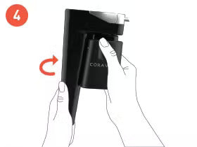 Instructions for operating a black device, with a hand holding it and an arrow indicating a clockwise rotation.