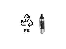 Vape pen alongside recycling symbol with "40" and "FE" text, indicating material and recycling information.