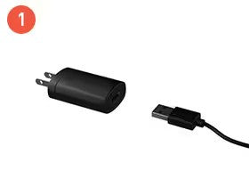Black USB wall charger next to a USB cable connector, labeled with the number "1."