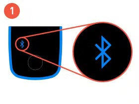Step 1 shows a Bluetooth icon highlighted on a device screen with a magnified view.