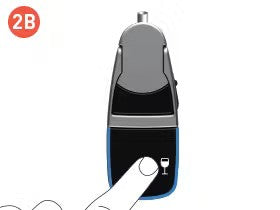 A hand pressing a button on a device resembling a car key fob with a wine glass icon, labeled 2B.