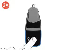 A hand pressing a button on a car key fob, with a wine glass icon visible below the button.