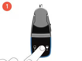 Hand pressing a button on a black and silver device, likely a breathalyzer, with icons of a glass and bottle.