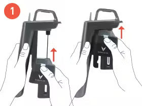 Hands demonstrating how to use a tool, showing a pull mechanism labeled "1" with arrows indicating movement.
