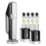Coravin wine preservation system with two black gas canisters and three silver CO2 cartridges for sparkling wine.