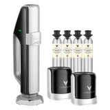 Coravin wine preservation system with two black gas canisters and three silver CO2 cartridges for sparkling wine.