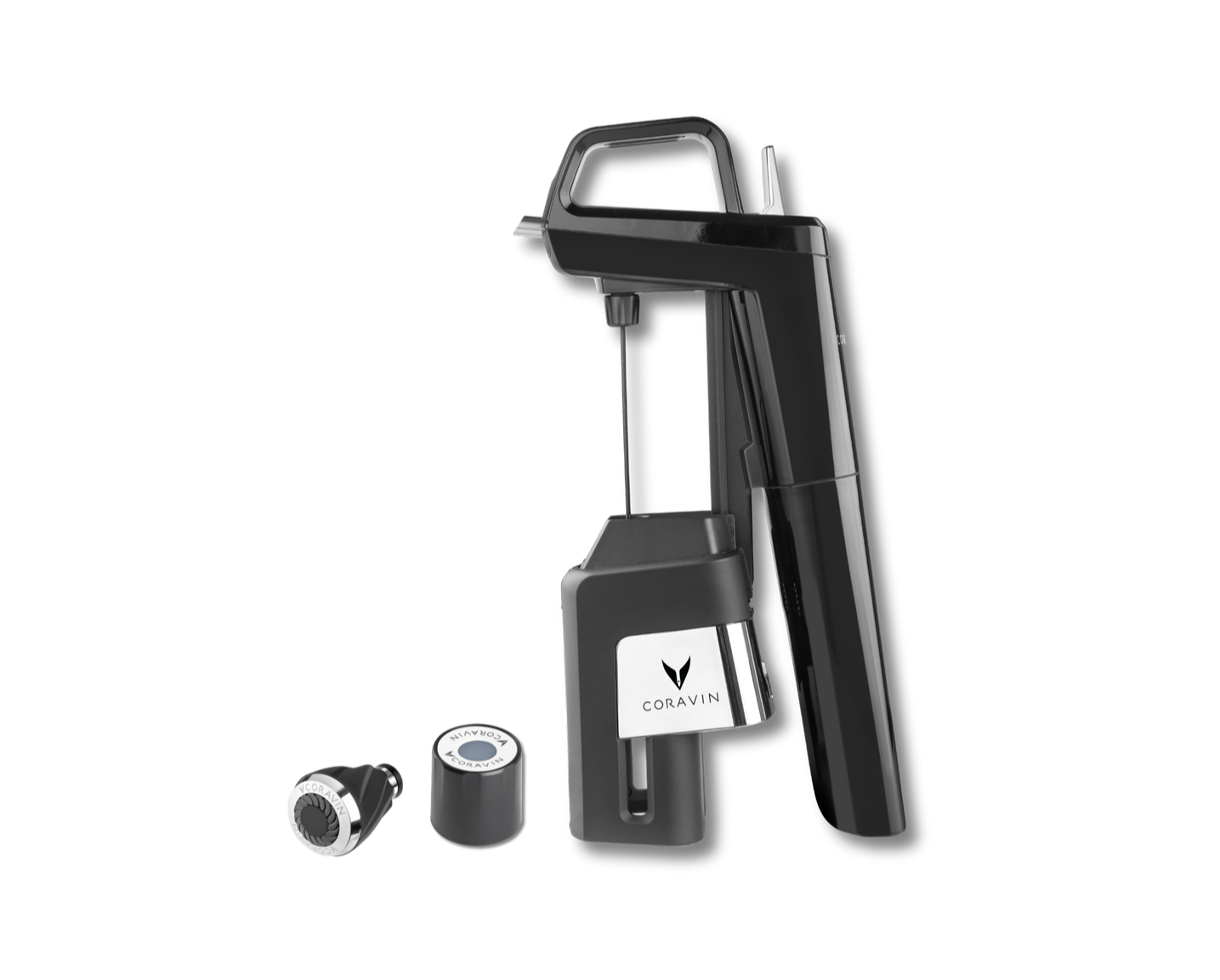 Coravin wine preservation system with black opener, two capsules, and Coravin logo displayed on the opener body.