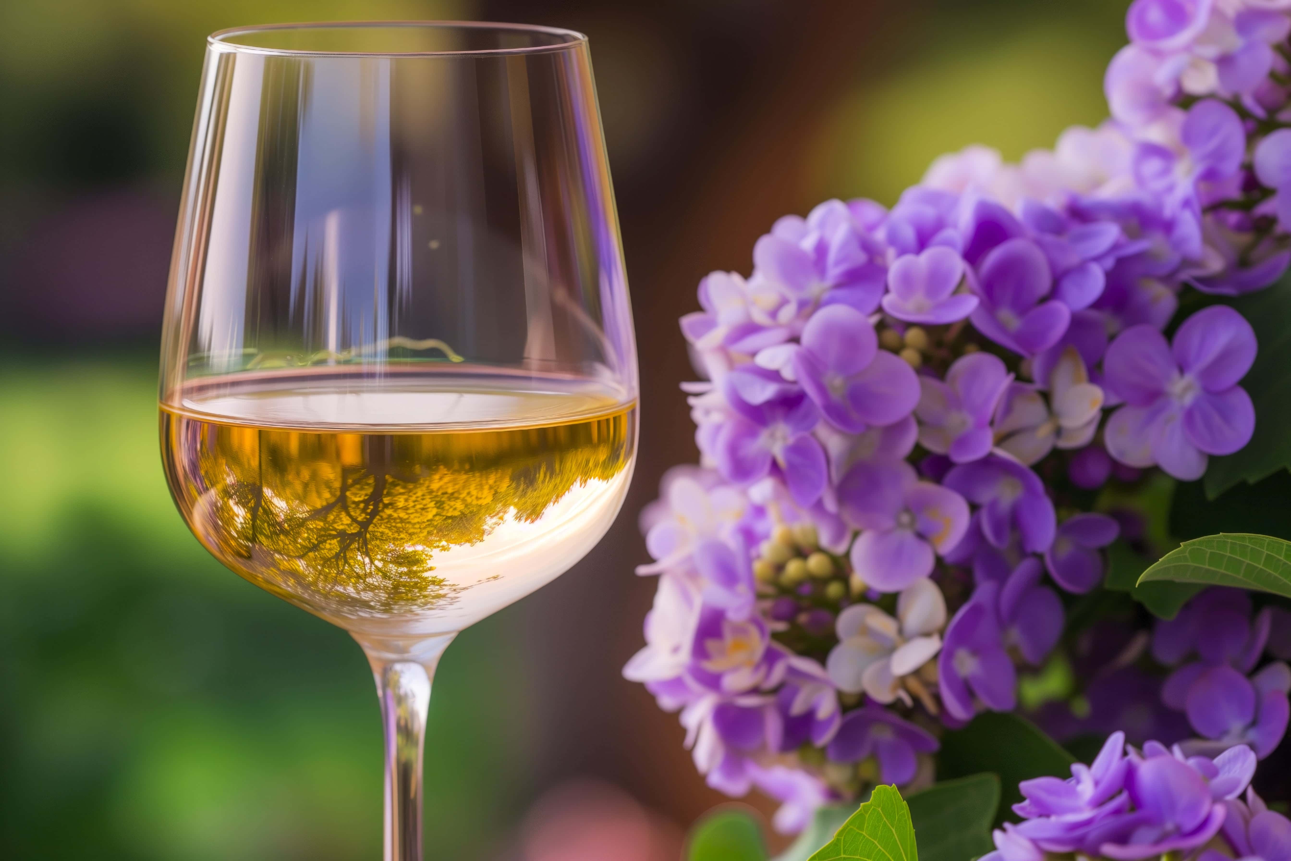 Glass of white wine reflecting a golden tree, set beside a vibrant cluster of purple hydrangea flowers in a sunlit garden.
