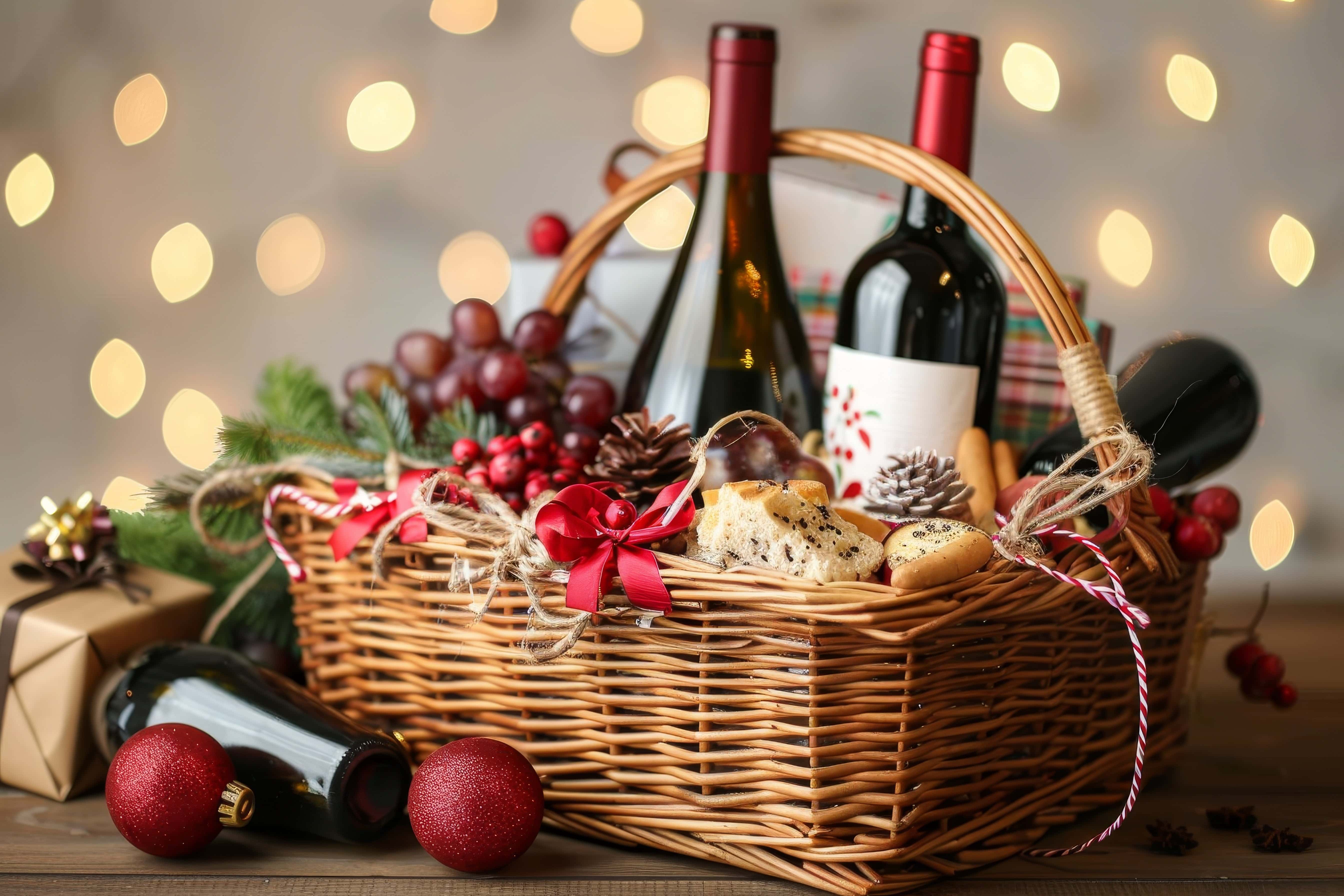 Festive holiday gift basket filled with wine bottles, baked goods, red grapes, pinecones, and holiday decorations, including red ribbons and ornaments, set against a background of warm string lights.