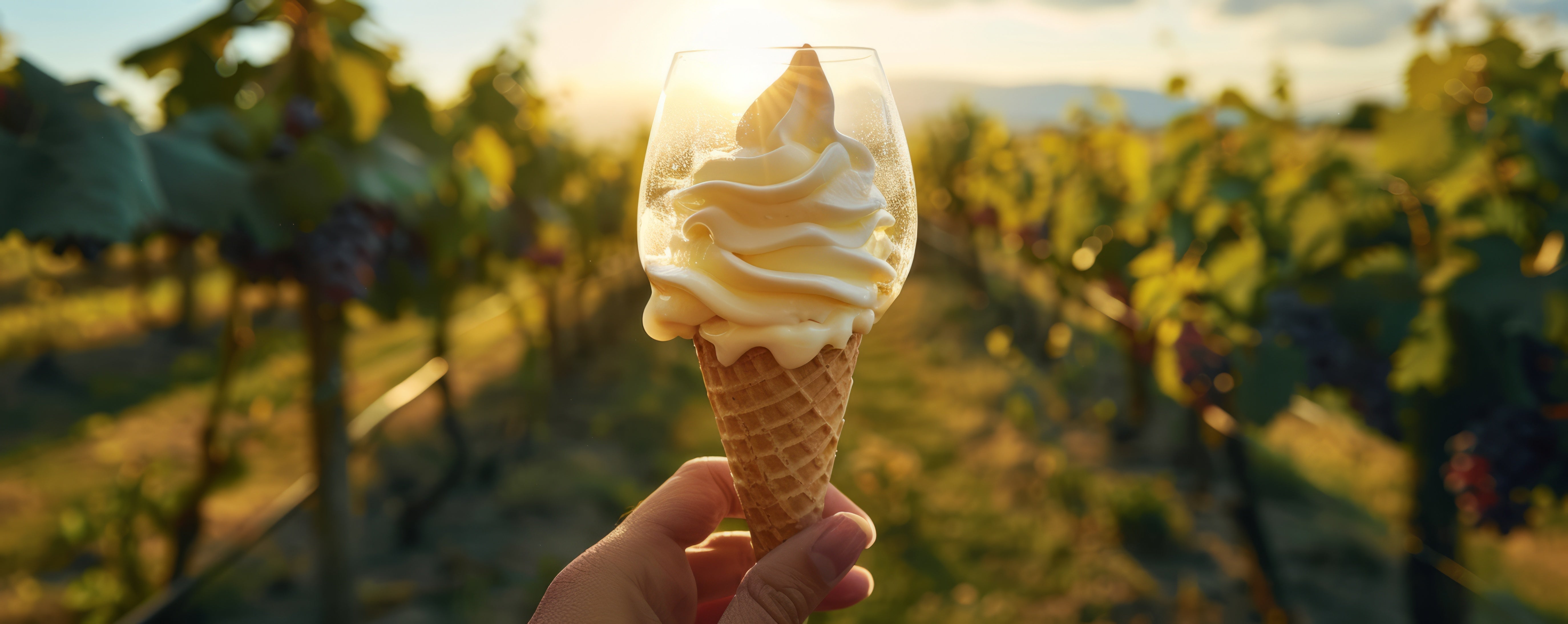 Soft serve ice cream in a wine glass balanced on a cone, held up in a vineyard at sunset.