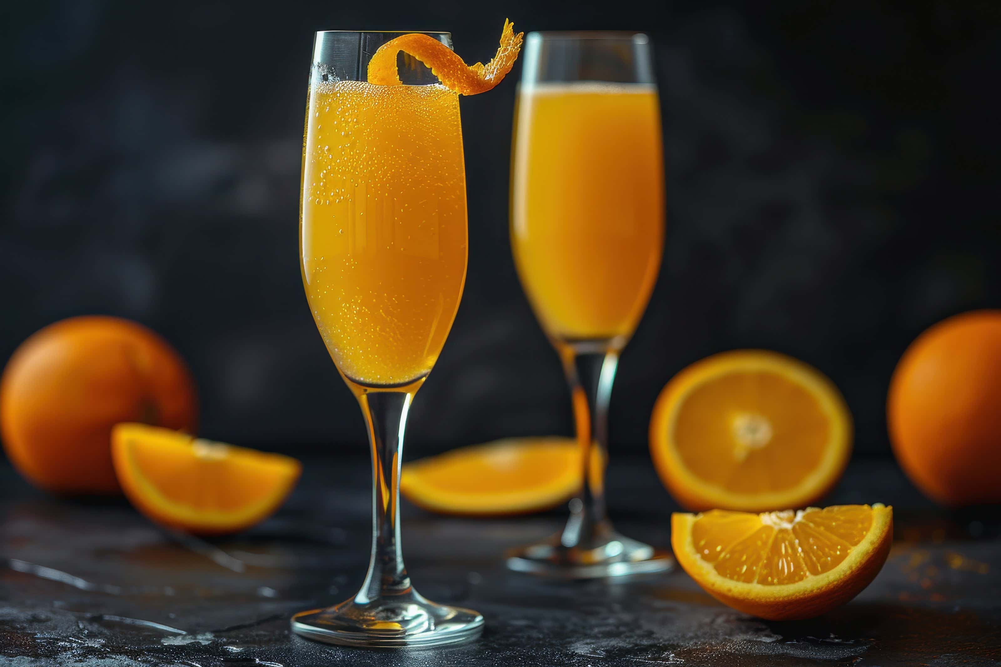 Two flutes of orange mimosa cocktails garnished with orange peel, surrounded by sliced and whole oranges on a dark surface with a moody background.