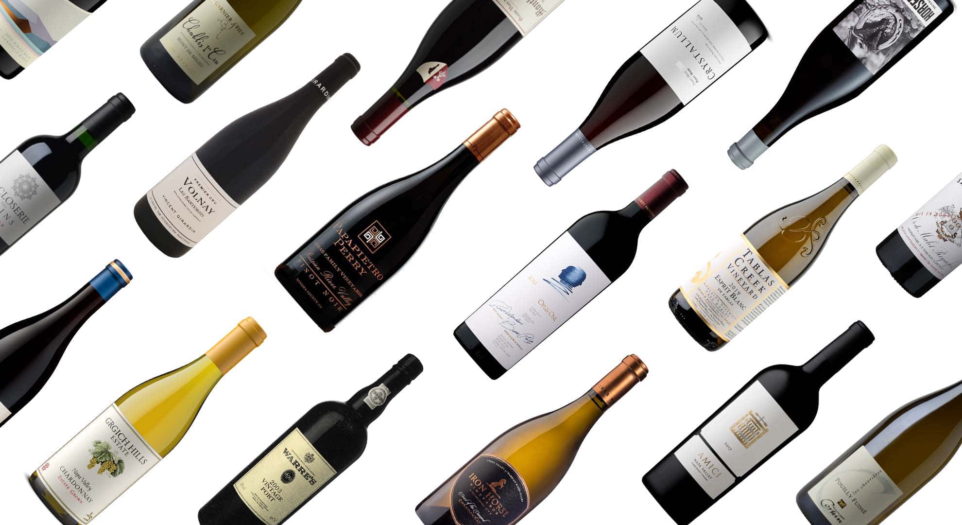 Assorted premium wine bottles from around the world, featuring red and white wines including Chardonnay, Pinot Noir, Bordeaux blends, and vintage selections, displayed diagonally on a white background