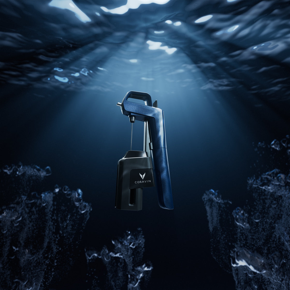 A dark blue and black underwater tool with the brand name CORVIN